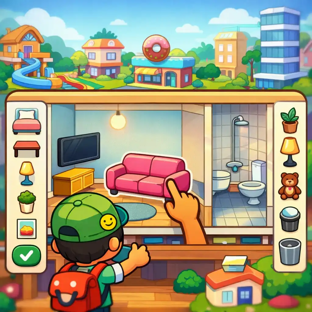 Kép a Toca Boca World világépítéséről: egy játékos éppen egy házat rendez be bútorokkal, a háttérben más épületek láthatók.