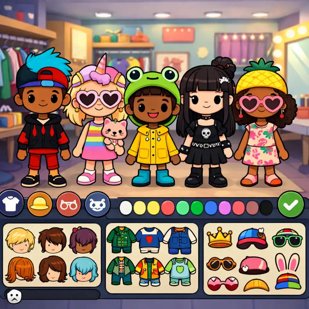 Kép a Toca Boca World karakteralkotás képernyőjéről: több karakter különböző frizurákkal, ruhákkal és kiegészítőkkel egy stúdióban.