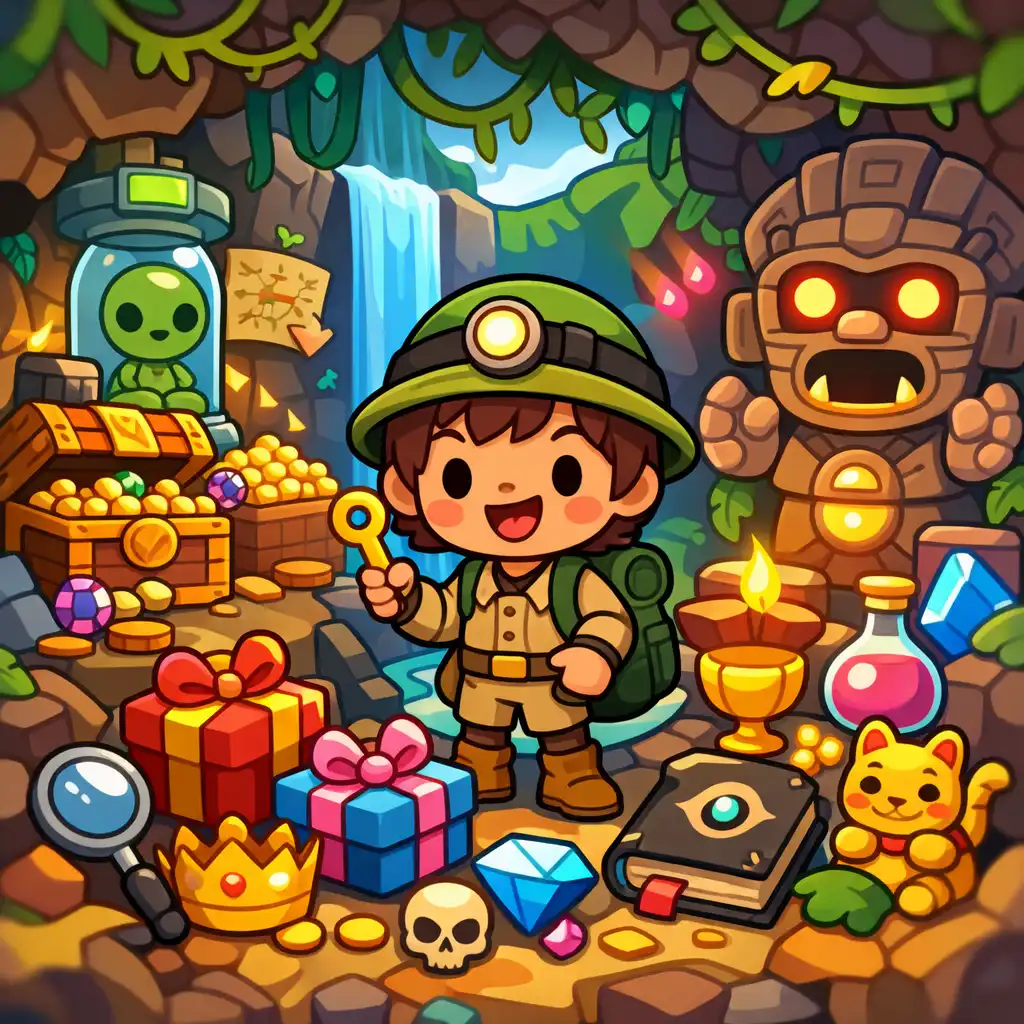 Kép a Toca Boca World felfedezéséről: egy karakter egy titkos helyen, rejtett tárgyakkal és ajándékokkal egy izgalmas környezetben.
