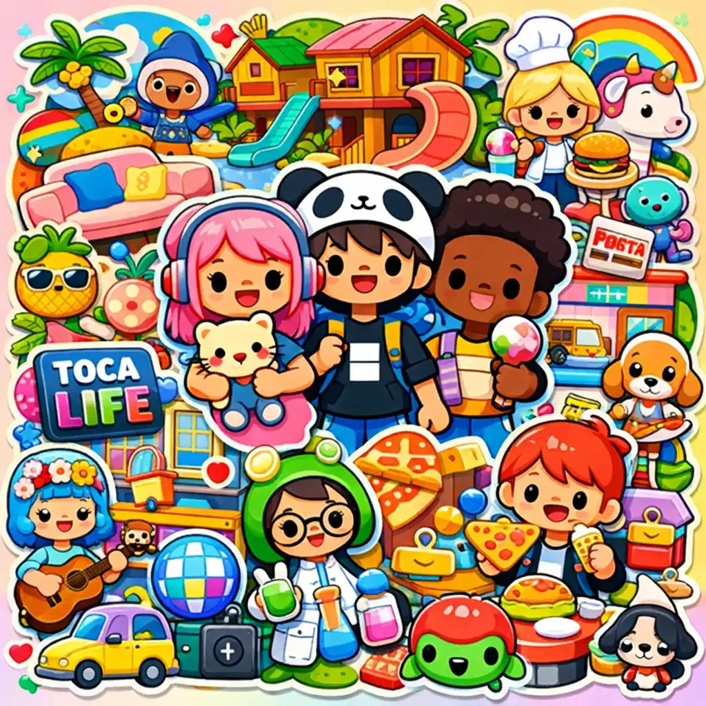 Színes kollázs a Toca Boca World karaktereiből, otthonaiból és helyszíneiből