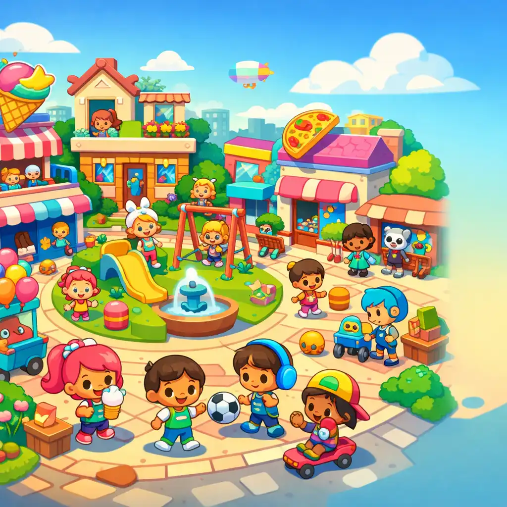 Színes jelenet a Toca Boca World játékból: gyerekek játszanak egy nyüzsgő városi téren, üzletek és otthonok között.