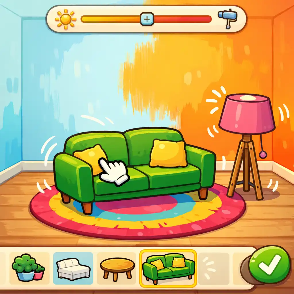 Kép a Toca Boca World lakberendezési funkciójáról: egy szoba belseje bútorokkal, színekkel és dekorációkkal.