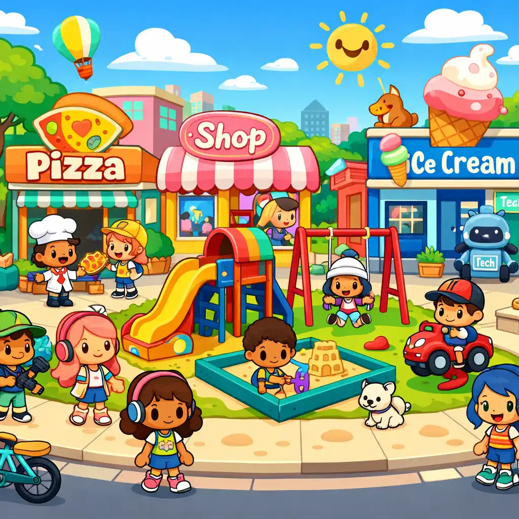 A Toca Boca World nyitott világa: színes városi utca boltokkal, fákkal és játszótérrel