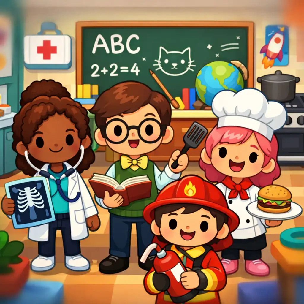 Kép a Toca Boca World szerepjátékáról: karakterek különböző foglalkozásokat űznek, például orvos, tanár vagy séf egy adott helyszínen.