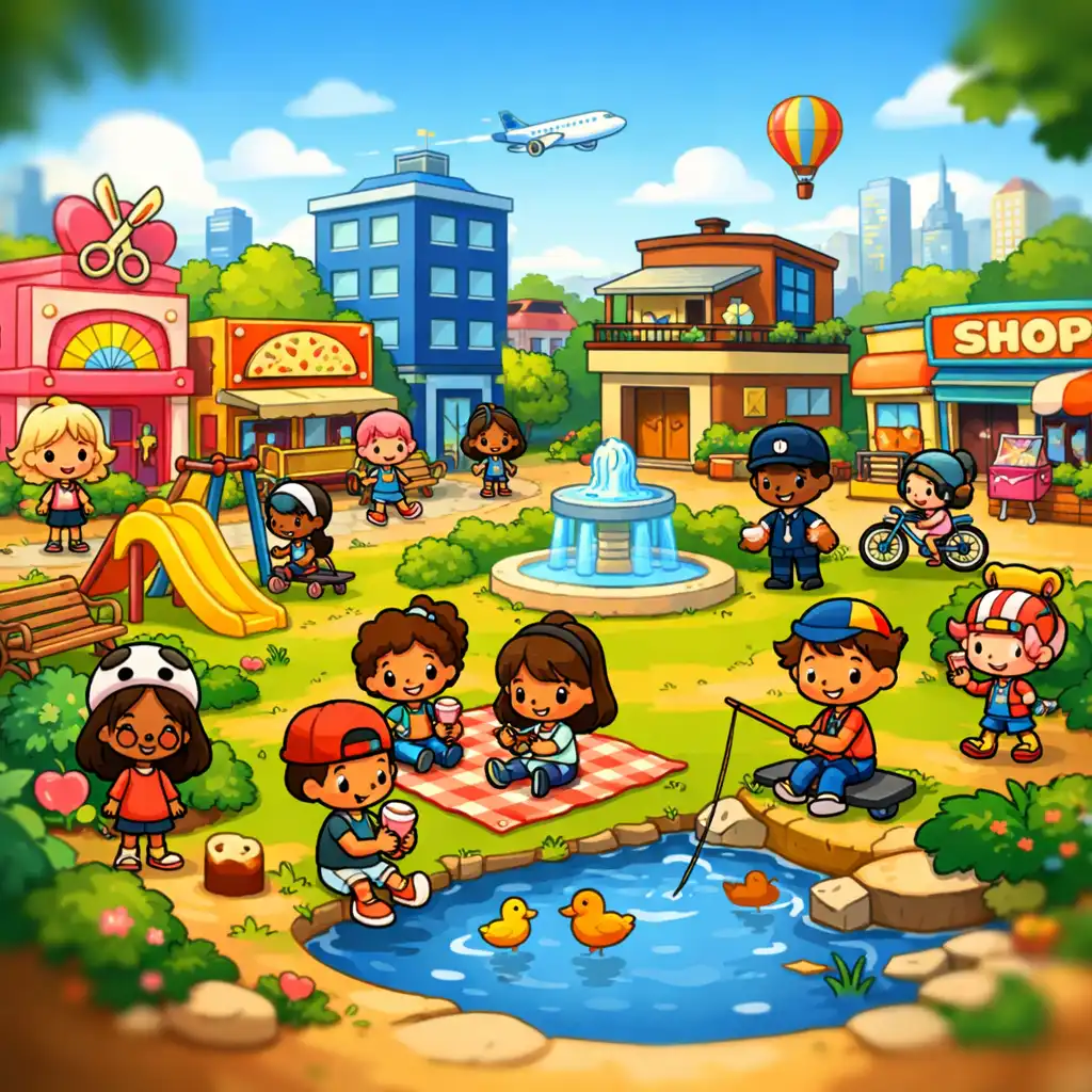 Képernyőkép a Toca Boca World nyitott világáról: városi környezet parkkal, üzletekkel és otthonokkal, karakterek különböző tevékenységek közben.